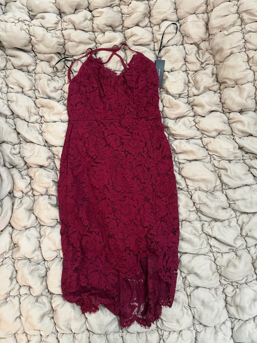 Lulu's Burgundy Lace Midi Dress with Strappy Back